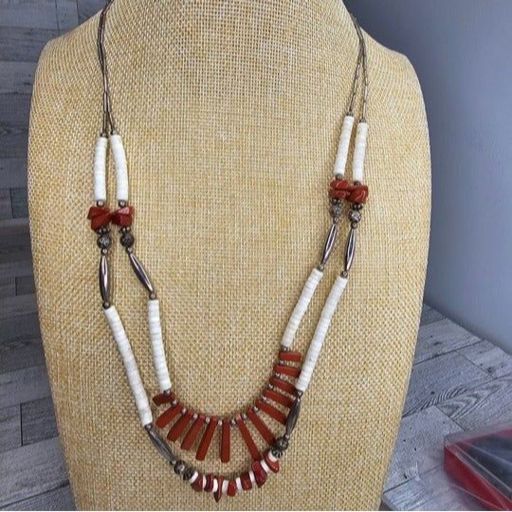 Vintage Silver, Puca Shell & Red Jasper American Indian Inspired Necklace 24.5"L